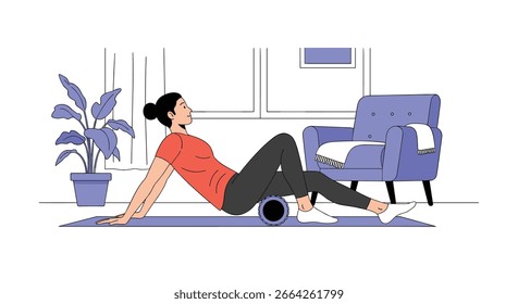 Mulher usando um rolo de espuma em sua perna para liberar a tensão muscular e melhorar a flexibilidade durante uma sessão de treino em casa