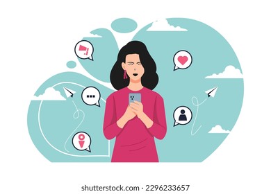 Woman using gadget. Social Media Interaction. Social Media Day Vector Illustration