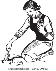 Woman using a gardening Tool , Woman Planting Garden. Retro woman clipart illustration