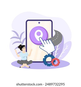 Mujer que utiliza el App de navegación gps en el teléfono inteligente para la planificación de rutas