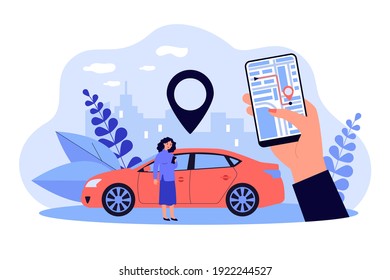 Mujer usando el sistema GPS en aplicación en su teléfono móvil aislado de ilustración vectorial plana. Caricatura con smartphone con mapa de la ciudad y pin de ubicación. Concepto de navegación y cartografía