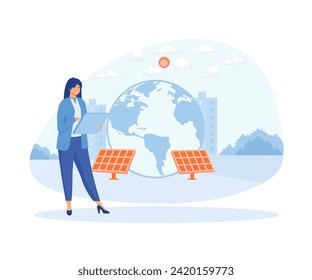 Mujeres que usan electricidad verde, molinos de viento y paneles solares.  ilustración moderna de vector plano 