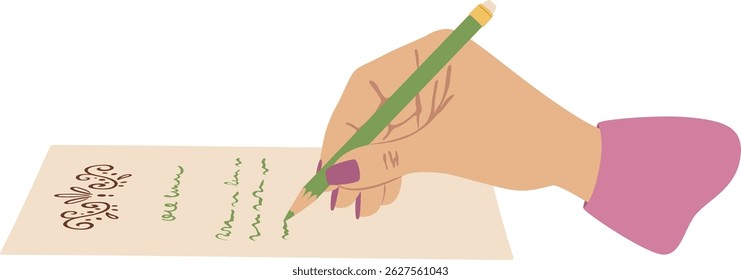 Woman using a green pencil to write notes on an elegant sheet of paper, embodying creativity and planning while engaging in journaling or organizing thoughts and ideas