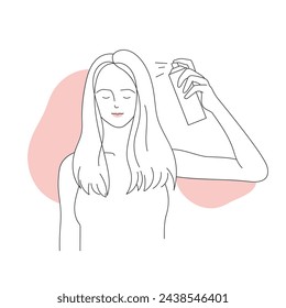 Mujer usando spray para el cabello. Spray de fijación de peinado, ilustración vectorial de línea de rutina de lavado de cabello