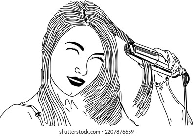 woman using hair straightener machine, ladies making her hair styles outline vector illustration