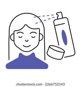 Mujer con spray de pelo, icono de vector lineal 