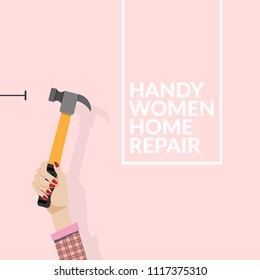 woman using hammer and nail on the wall isolated on pink background. do it yourself home repair by woman concept. vector illustration EPS10 with copy space , flat design