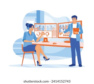 A woman using headphones to talk with her fellow editor on a work project. They work in a creative loft office with two screens. Video Editor concept. Flat vector illustration.