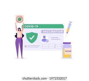 Woman using health passport of vaccination for covid-19. Safe travel in pandemic. Concept of vaccination certificate, coronavirus vaccine, covid-19 id card app. Vector illustration for web design