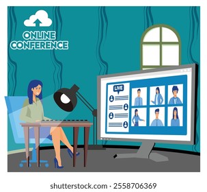 A woman using her computer to participate in an online video conference. The setting shows a modern workspace with a screen displaying participants in a virtual meeting. 