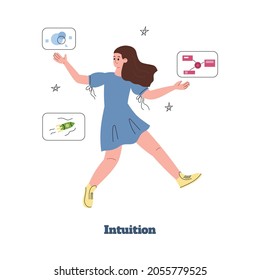Woman using her intuitive kind of thinking. Intuition person of MBTI human types or models system, flat vector illustration isolated on white background.