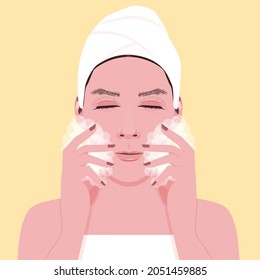 The woman is using her own cleansing foam.
Illustration about wash face.