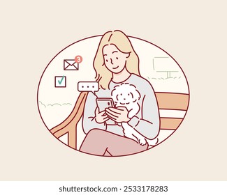 A woman using his smartphone in the park while sitting with his dog. Hand drawn style vector design illustrations.