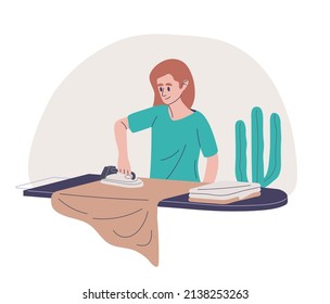 woman using iron. woman ironing clothes. concept of house chore. isolated on white background