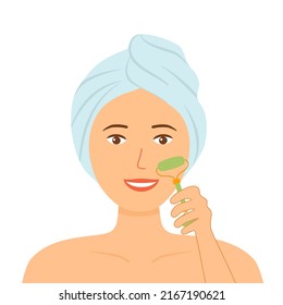 Woman using jade face massage roller in flat design on white background.