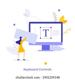 Woman using keypad connected to personal computer. Concept of keyboard control for text editor program, electronic device for typing, PC hardware. Modern flat vector illustration for poster, banner.