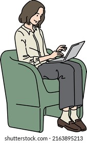 Woman Using Labtop Sitting in Armchair, vector illustration