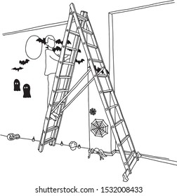 woman using ladder to decorate Halloween vector illustration sketch doodle hand drawn with black lines isolated on white background