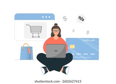Woman using lap top for online shopping via internet, Credit card or contactless payment concept, online payment, flat vector illustration