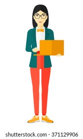 Woman using laptop.