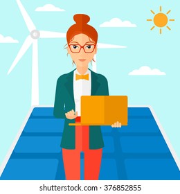 Woman using laptop.