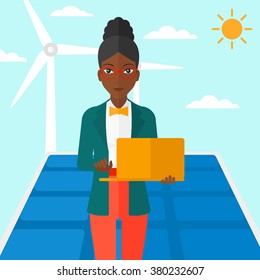Woman using laptop.