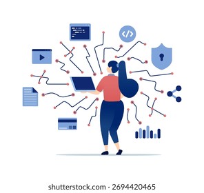 Woman using laptop accessing connected data and network for professional work