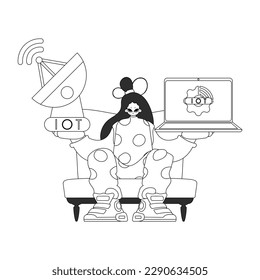 A woman using a laptop and antenna to collect and analyze IoT related data, drawn in a linear vector style