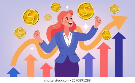 Woman Using Laptop Apps for Online Banking and Growing Business. Successful business people are happy. Winning of competition. successful projects. Flat Cartoon Vector Illustration.