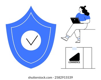 Woman using laptop beside a large shield with checkmark and a box labeled commerce. Ideal for security, e-commerce, online shopping, digital marketing, technology, remote work, web development. Line