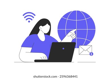 Woman using laptop beside large globe symbol. Ideal for globalization, technology, remote work, cloud computing, digital communication, internet access, online study. Flat Cartoon Vector Illustration