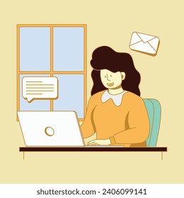 Woman using laptop cartoon illustration