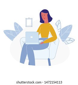 Woman Using Laptop Cartoon Vector Illustration. Girl Surfing Internet, Searching Remote Work, Freelance Vacancies. Young Female Freelancer, Teenager Indoor Pastime and Leisure Activity