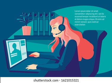 Woman using laptop cartoon vector background. Working from home, remote job. Online shopping. Freelance, e-learning concept. Girl studying defend from virus. avoiding corona viruses