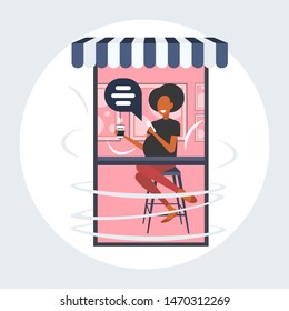 woman using laptop chat bubble social media communication concept african american girl cafe visitor sitting at counter desk drinking coffee online speech conversation full length