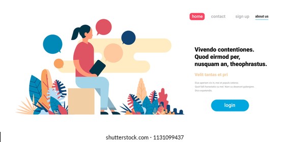 woman using laptop chat bubbles working process messenger concept flat horizontal copy space vector illustration