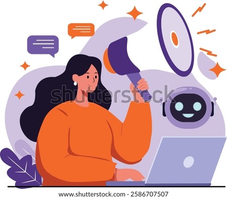 A woman using a laptop with a chatbot assistant and a megaphone symbolizing AI-driven customer support and online engagement
