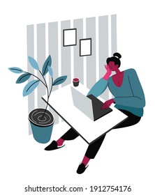 Frauen, die Laptop verwenden, um Aufgaben bei der Arbeit zu erledigen. Freiberufler, der zu Hause an Projekten arbeitet. Zimmer mit Tisch und Haushaltsanlage, Schreibtisch mit Gadget und Tasse Kaffee für kleine Pause und Erholung. Vektorgrafik im Flachstil