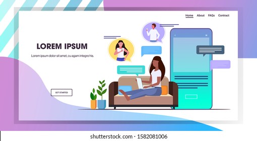 woman using laptop computer chatting app social network speech chat bubble communication concept african american girl sitting couch full length horizontal copy space vector illustration