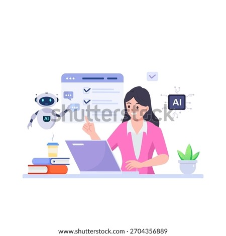 Woman using a laptop computer chatting with an artificial intelligence asks for the answers. Chat Bot, AI technology concept illustration