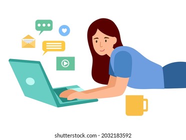 Woman using laptop computer and communicate with friends internet online social media in flat design on white background.