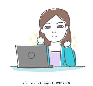 A woman using a laptop computer is pumping fists and pleased with success.