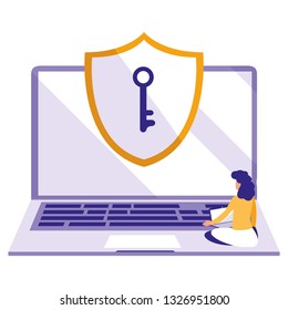 woman using laptop computer with shield