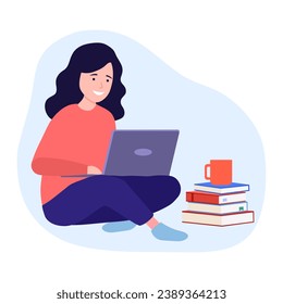 Woman using laptop computer sitting in lotus pose with crossed legs in flat design.