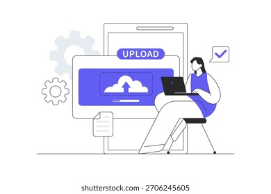 Mujer que usa datos de información de archivo y Descarga de Cargar de computadora portátil en computación en la nube. Red, trabajo desde casa. Ilustración vectorial plana de la historieta, icono Web elegante de la página de aterrizaje del diseño abstracto