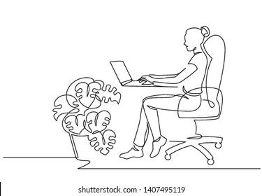 Woman using laptop continuous one line drawing. Female office worker, designer sitting in chair hand drawn character. Young girl, lady typing on keyboard minimalistic contour illustration
