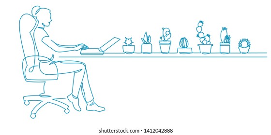 Woman using laptop continuous one line drawing. Female office worker, designer sitting in chair and different cute cacti, house plants on the table. Young girl typing on keyboard