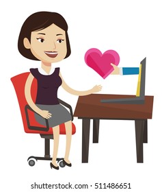 Woman using laptop for dating online. Caucasian woman looking for online date. Woman dating online and getting virtual love message. Vector flat design illustration isolated on white background.