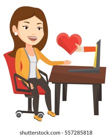 Woman using laptop and dating online. Woman looking for online date on the internet. Woman dating online and getting virtual love message. Vector flat design illustration isolated on white background.