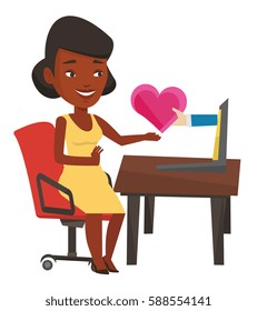 Woman using laptop and dating online. Woman looking for online date on the internet. Woman dating online and getting virtual love message. Vector flat design illustration isolated on white background.